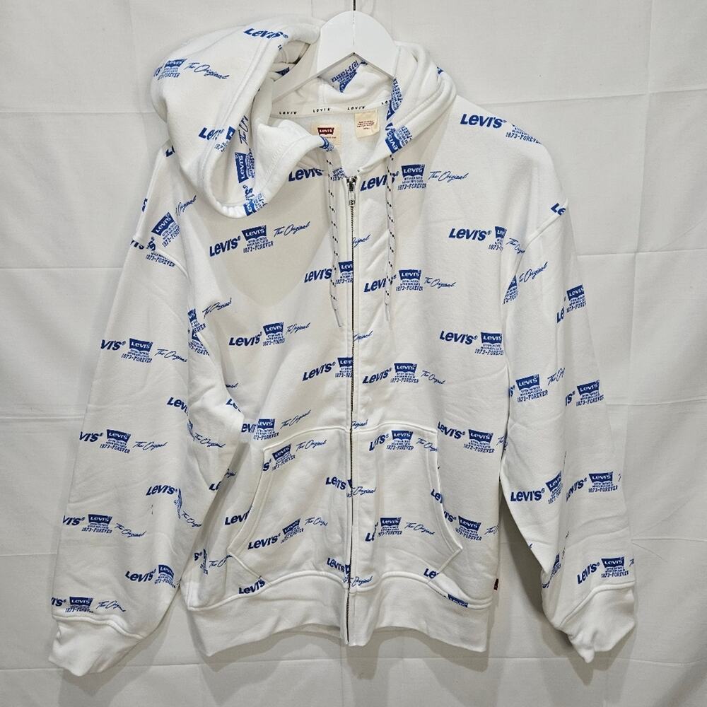 Levi's Men's Relaxed AOP White and Blue Logo Hoodie Full Zip Small